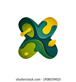 Paper cut letter X logo. Layer carving style effect icon. Green origami element perfect for agriculture labels, eco friendly food emblem, landscape posters and garden identity, etc.