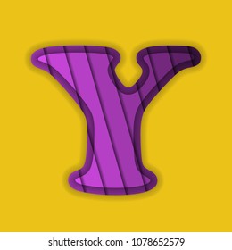 Paper cut letter Y. 3D papercut effect isolated on yellow background. Violet character of alphabet letter font