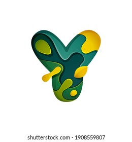Paper cut letter Y logo. Layer carving style effect icon. Green origami element perfect for agriculture labels, eco friendly food emblem, landscape posters and garden identity, etc.