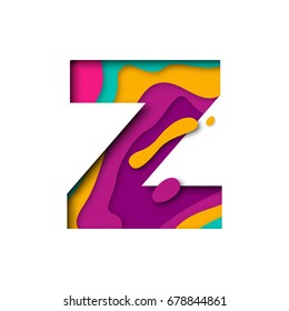 Paper cut letter Z. Realistic 3D multi layers papercut effect isolated on white background. Colorful character of alphabet letter font. Decoration origami element for birthday or greeting design