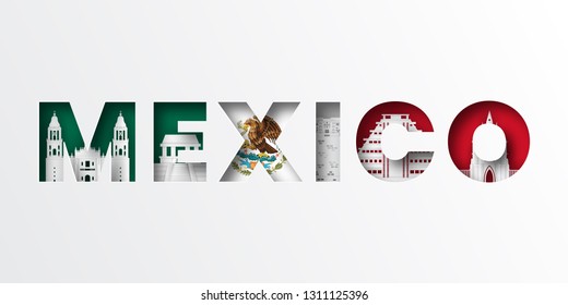 Paper cut letters Mexico and famous landmark,Vector illustration.