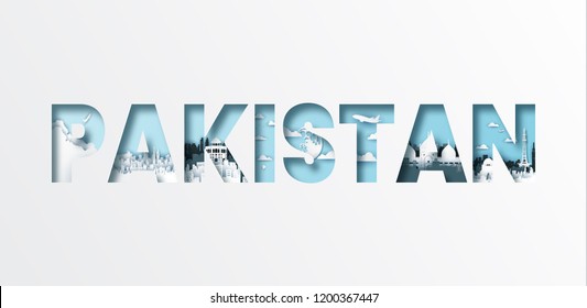 Paper cut letters Pakistan and famous landmark,Vector illustration.