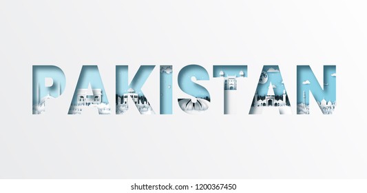 Paper cut letters Pakistan and famous landmark,Vector illustration.