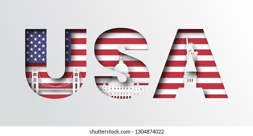 Paper cut letters USA and famous landmark,Vector illustration.