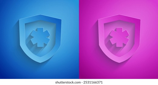 Icono de seguro de vida de corte de papel aislado sobre fondo azul y púrpura. Seguridad, seguridad, protección, proteger el concepto. Estilo de arte de papel. Vector