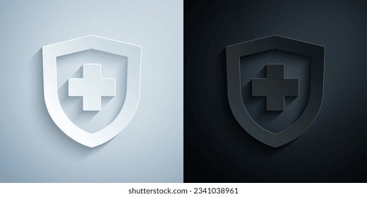 Paper cut Life insurance with shield icon isolated on grey and black background. Security, safety, protection, protect concept. Paper art style. Vector