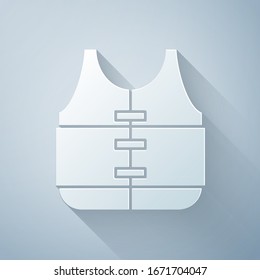 Paper cut Life jacket icon isolated on grey background. Life vest icon. Extreme sport. Sport equipment. Paper art style. Vector Illustration