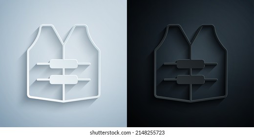 Papier-Schnitt-Schwimmweste Symbol einzeln auf grauem und schwarzem Hintergrund. Lebensweste-Symbol. Extremsport. Sportgeräte. Kunststil aus Papier. Vektorgrafik