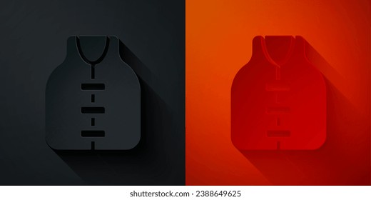 Paper cut Life jacket icon isolated on black and red background. Life vest icon. Extreme sport. Sport equipment. Paper art style. Vector