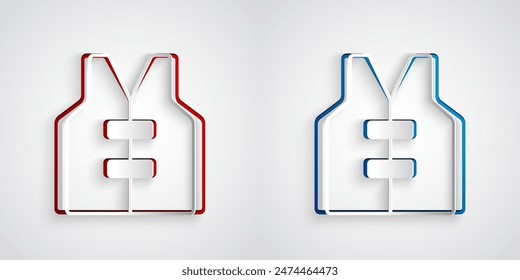 Paper cut Life jacket icon isolated on grey background. Life vest icon. Extreme sport. Sport equipment. Paper art style. Vector