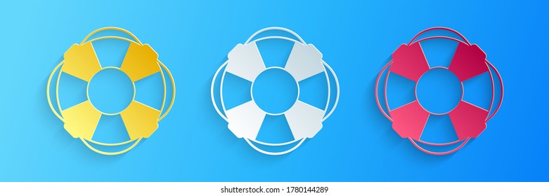 Paper cut Lifebuoy icon isolated on blue background. Lifebelt symbol. Paper art style. Vector