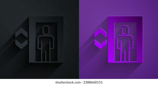 Paper cut Lift icon isolated on black on purple background. Elevator symbol. Paper art style. Vector
