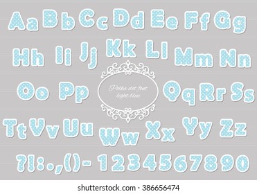 Paper cut light blue polka dot font. For scrapbook, baby shower design.