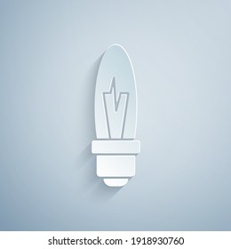 Paper cut Light bulb with concept of idea icon isolated on grey background. Energy and idea symbol. Inspiration concept. Paper art style. Vector.