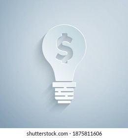 Paper cut Light bulb with dollar symbol icon isolated on grey background. Money making ideas. Fintech innovation concept. Paper art style. Vector.