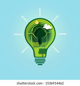 Paper cut light bulb of green energy for ecology and environment conservation concept.Vector illustration.