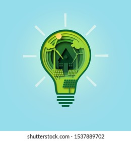 Paper cut light bulb of green ecology and environment conservation concept.Vector illustration.