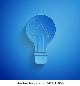 Paper cut Light bulb icon isolated on blue background. Energy and idea symbol. Lamp electric. Paper art style. Vector Illustration