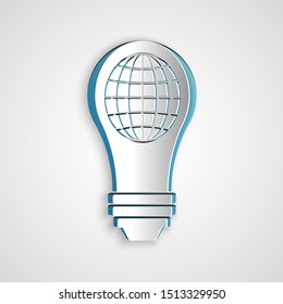 Paper cut Light bulb with inside world globe icon isolated on grey background. Planet Earth on the lamp. Global ecology concept. Paper art style. Vector Illustration