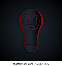 Paper cut Light bulb with inside world globe icon isolated on black background. Planet Earth on the lamp. Global ecology concept. Paper art style. Vector Illustration