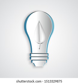Paper cut Light bulb with leaf icon isolated on grey background. Eco energy concept. Alternative energy concept. Paper art style. Vector Illustration