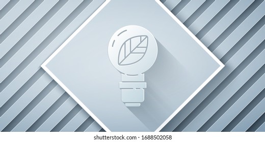 Paper cut Light bulb with leaf icon isolated on grey background. Eco energy concept. Alternative energy concept. Paper art style. Vector Illustration