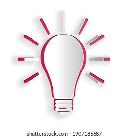 Cortado de papel Bombilla de luz con icono de brillo de rayos aislado en fondo blanco. Símbolo de energía e ideas. Luz eléctrica. Estilo de arte de papel. Vector.