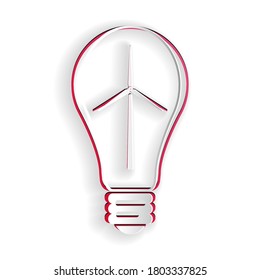 Paper cut Light bulb with wind turbine as idea of eco friendly source of energy icon isolated on white background. Alternative energy concept. Paper art style. Vector.