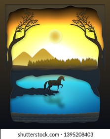 Paper cut light and shadow box design of unicorn in the forest, silhouette paper sculptures lamp as  concept. vector illustration.