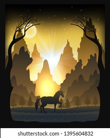 Paper cut light and shadow box design of unicorn in the forest, silhouette paper sculptures lamp as  concept. vector illustration.