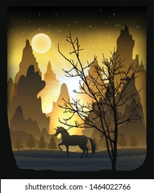 Paper cut light and shadow box design of unicorn in the forest, silhouette paper sculptures lamp as  concept. vector illustration.
