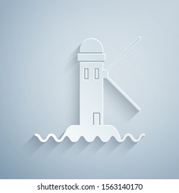 Paper cut Lighthouse icon isolated on grey background. Paper art style. Vector Illustration