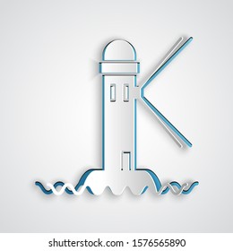 Paper cut Lighthouse icon isolated on grey background. Paper art style. Vector Illustration