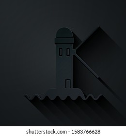 Paper cut Lighthouse icon isolated on black background. Paper art style. Vector Illustration
