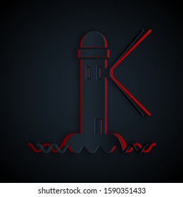 Paper cut Lighthouse icon isolated on black background. Paper art style. Vector Illustration