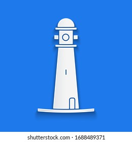 Icono del faro de corte de papel aislado en fondo azul. Estilo de arte de papel. Ilustración vectorial