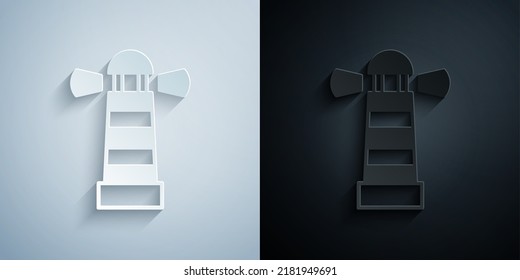 Paper cut Lighthouse icon isolated on grey and black background. Paper art style. Vector