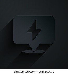 Paper cut Lightning bolt icon isolated on black background. Flash icon. Charge flash icon. Thunder bolt. Lighting strike. Paper art style. Vector Illustration