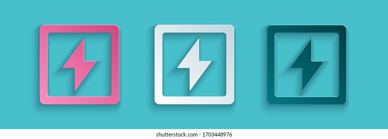 Paper cut Lightning bolt icon isolated on blue background. Flash sign. Charge flash icon. Thunder bolt. Lighting strike. Paper art style. Vector Illustration