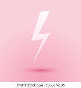 Paper cut Lightning bolt icon isolated on pink background. Flash icon. Charge flash icon. Thunder bolt. Lighting strike. Paper art style. Vector.