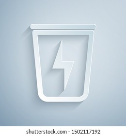 Paper cut Lightning with trash can icon isolated on grey background. Waste to energy. Garbage bin sign. Recycle basket sign. Paper art style. Vector Illustration