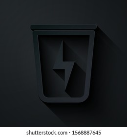Paper cut Lightning with trash can icon isolated on black background. Waste to energy. Garbage bin sign. Recycle basket sign. Paper art style. Vector Illustration