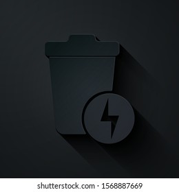 Paper cut Lightning with trash can icon isolated on black background. Waste to energy. Garbage bin sign. Recycle basket sign. Paper art style. Vector Illustration