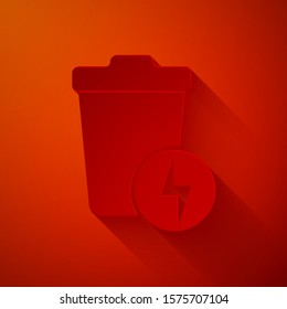 Paper cut Lightning with trash can icon isolated on red background. Waste to energy. Garbage bin sign. Recycle basket sign. Paper art style. Vector Illustration