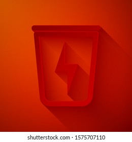 Paper cut Lightning with trash can icon isolated on red background. Waste to energy. Garbage bin sign. Recycle basket sign. Paper art style. Vector Illustration