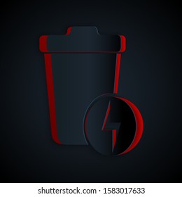 Paper cut Lightning with trash can icon isolated on black background. Waste to energy. Garbage bin sign. Recycle basket sign. Paper art style. Vector Illustration