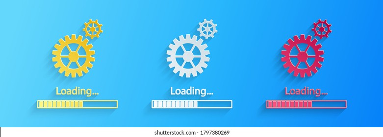 Paper cut Loading and gear icons isolated on blue background. Progress bar icon. System software update. Loading process symbol. Paper art style. Vector.