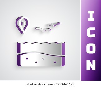 Paper cut Location with beach icon isolated on grey background. Tropical beach landscape. Good sunny day. Paper art style. Vector