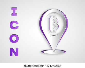 Paper cut Location bitcoin icon isolated on grey background. Physical bit coin. Blockchain based secure crypto currency. Paper art style. Vector