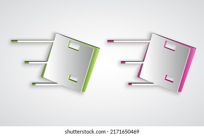 Paper cut Location with cardboard box icon isolated on grey background. Delivery services, logistic and transportation, distribution. Paper art style. Vector